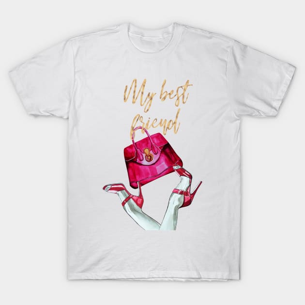 My best friend, quote, red shoes and red bag, watercolor illustration T-Shirt by IngaDesign